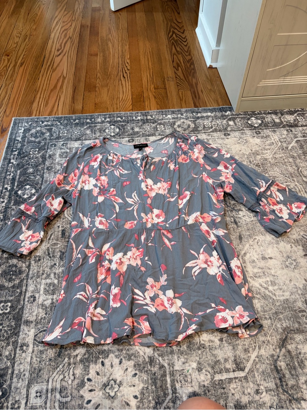 Lane Bryant blue/Gray Floral Peplum Blouse with Pink Accents